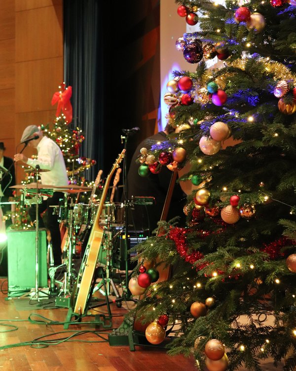 Ein Christbaum steht auf einer Bühne der hell beleuchtet und geschmückt ist. Neben dem Christbaum stehen Instrumente. | © RÖSLE GROUP