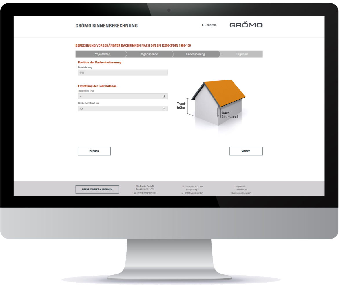 GRÖMO Rinnenberechnungsprogramm - Position der Dachentwässerung