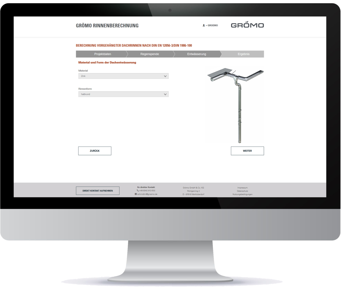 GRÖMO Rinnenberechnungsprogramm - Materialauswahl